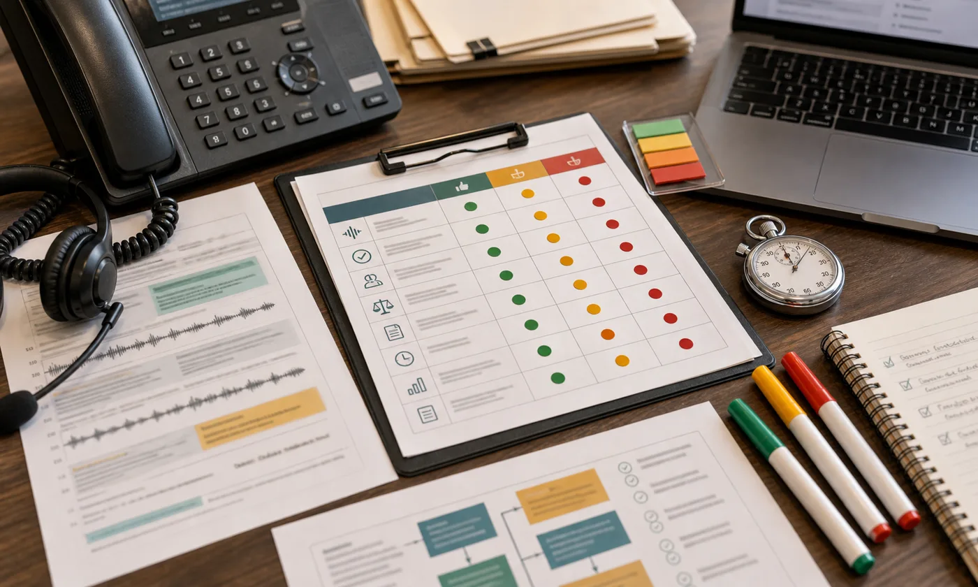 AI voice agent benchmark scorecard with call evidence packets, pass-fail checks, timestamps, and vendor scoring lanes.