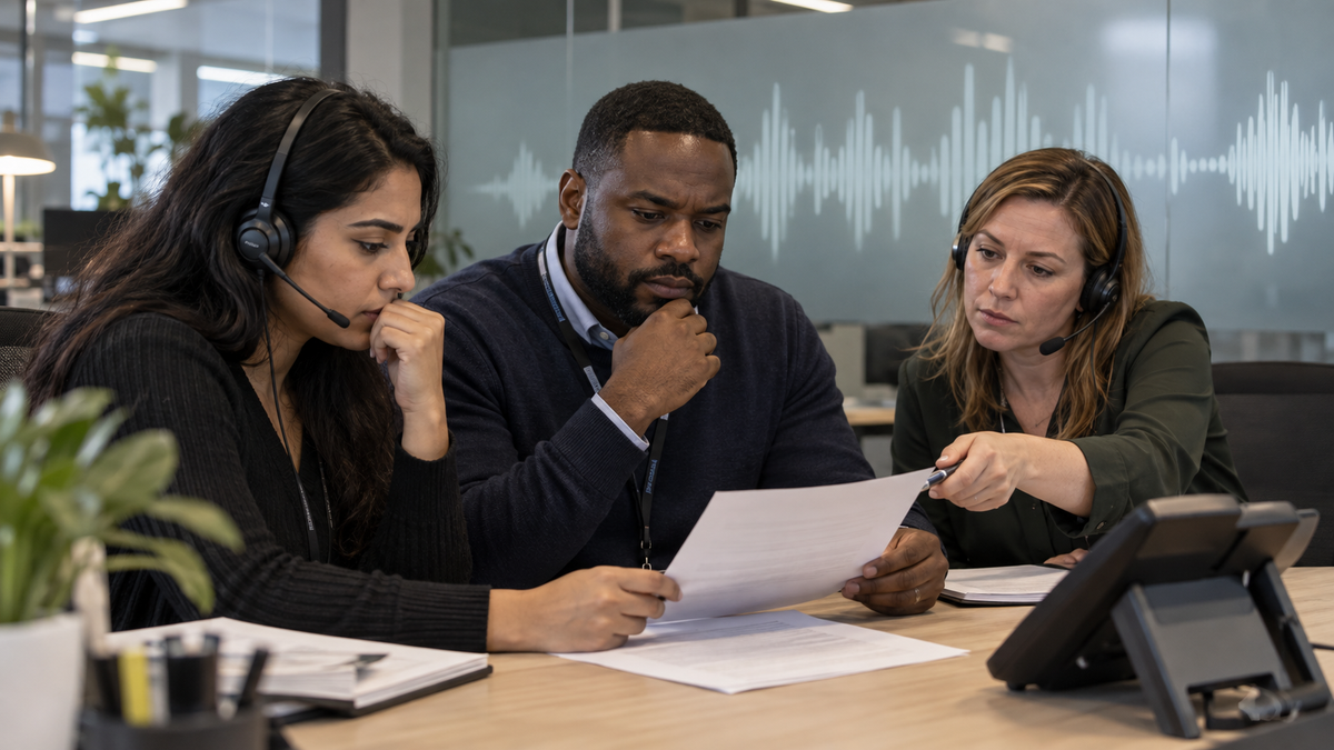 Synthetic editorial image of unbranded voice-security reviewers in headsets examining blank caller-verification paperwork, desk phone and abstract waveform glass wall without logos or readable data.