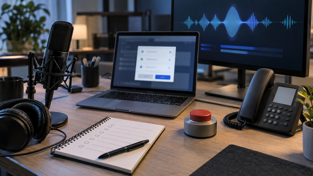 Synthetic representative editorial scene of an unbranded voice-agent tool-boundary testing desk; not Anthropic, a government system or an actual incident review.