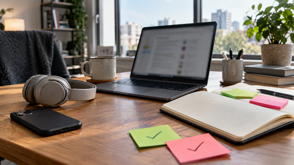 Synthetic editorial image of an unbranded office review desk with a face-down smartphone, neutral headset, blurred laptop screen, blank notebook and approval sticky notes without logos, readable data or product interface.