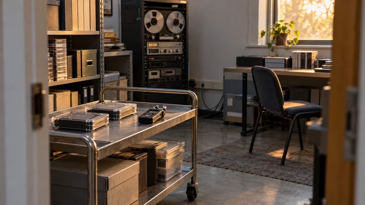 Synthetic representative editorial scene of an audio archive with protected storage cases and a recorder; not OpenAI, Meta, a court or actual evidence.