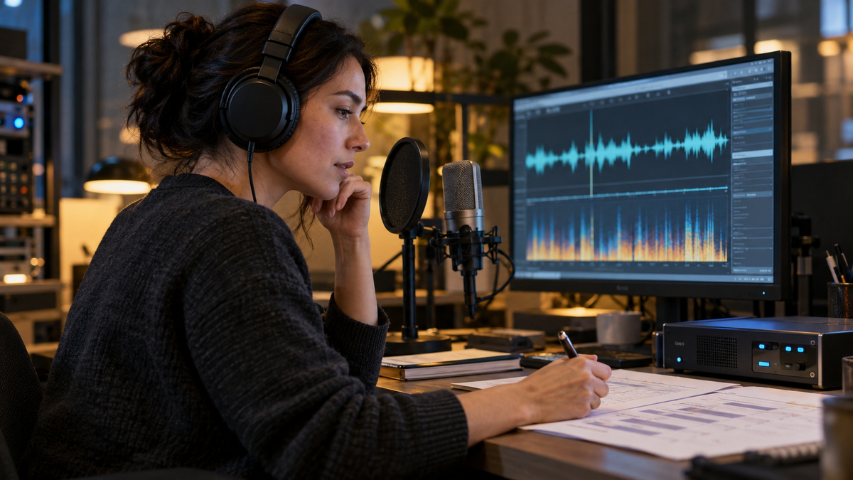 Synthetic representative editorial scene of an unbranded voice AI engineer testing a microphone and waveform monitor; not a photograph of Google or its launch.
