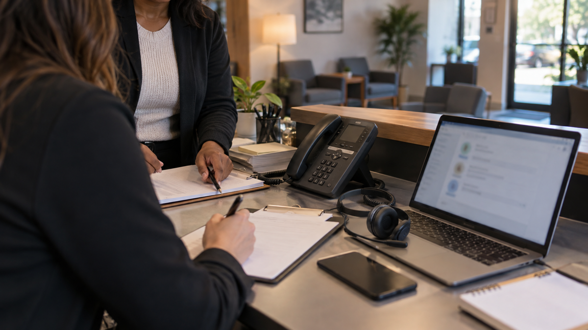 Synthetic editorial image of an unbranded business reception desk preparing for AI-assistant calls with a desk phone, headset, blurred laptop, blank intake forms and no logos, readable UI, phone numbers or customer data.