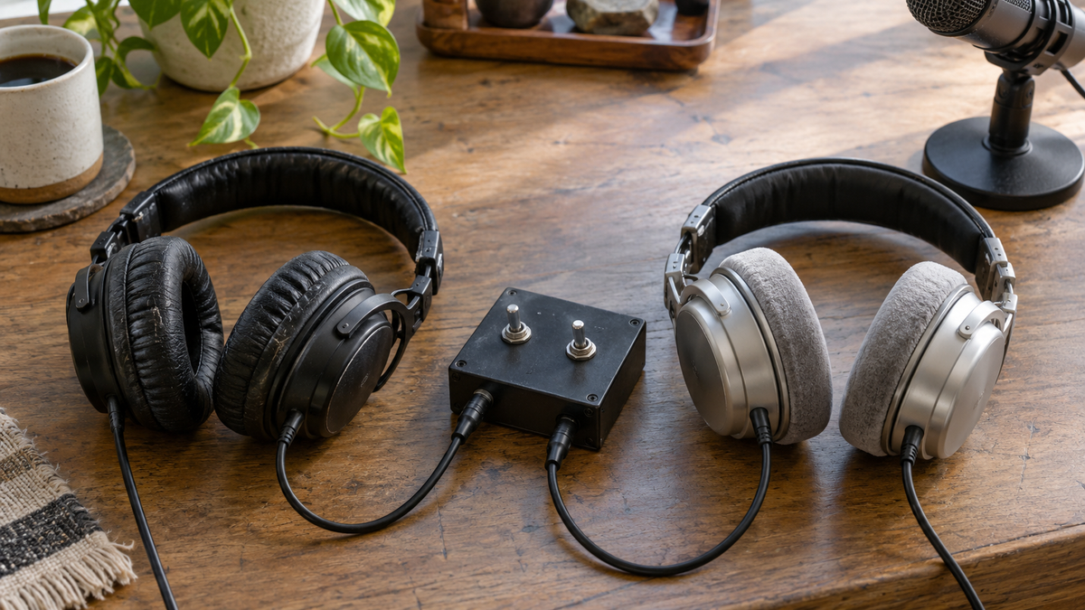 Synthetic representative editorial scene of an unbranded A/B listening bench with two headphones; not Inworld or Ultravox equipment or an actual event.