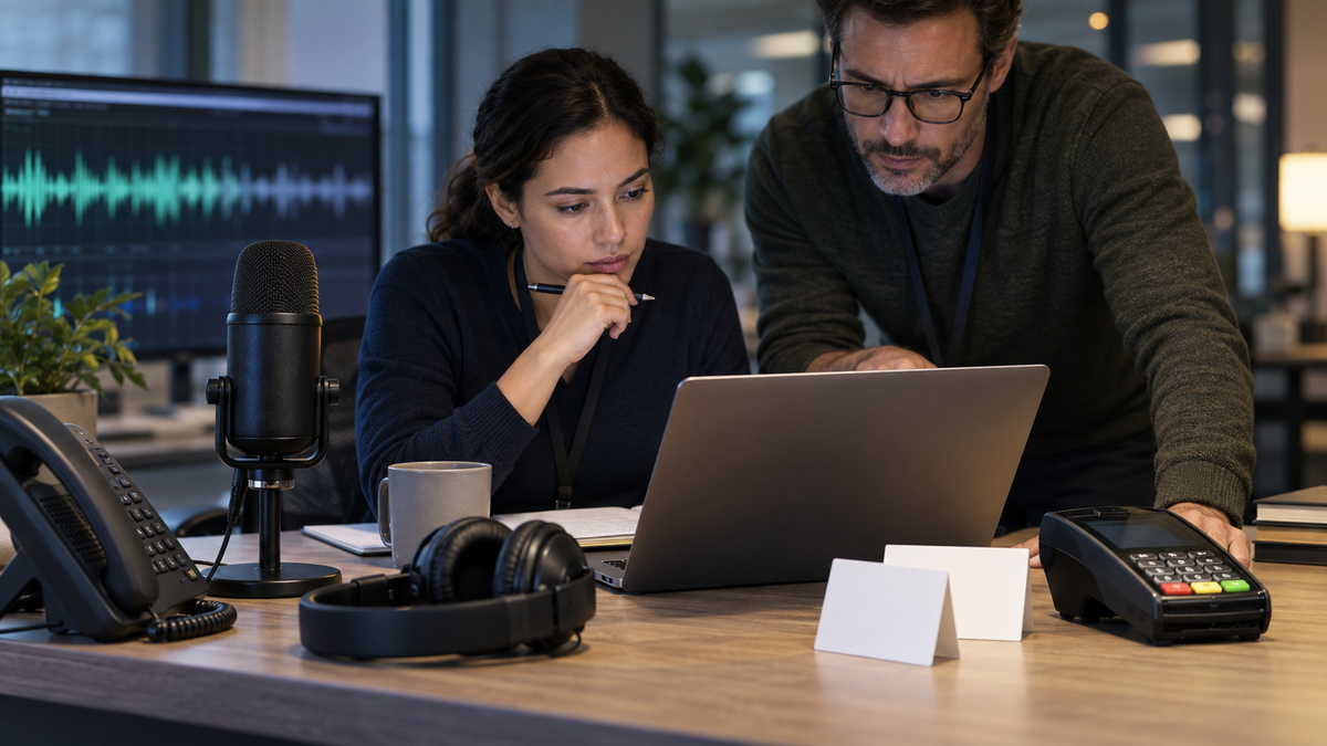 Synthetic editorial image of a voice AI payments review desk with unbranded waveform screens, blank authorization forms, headset and payment-risk checklist without logos or readable data.