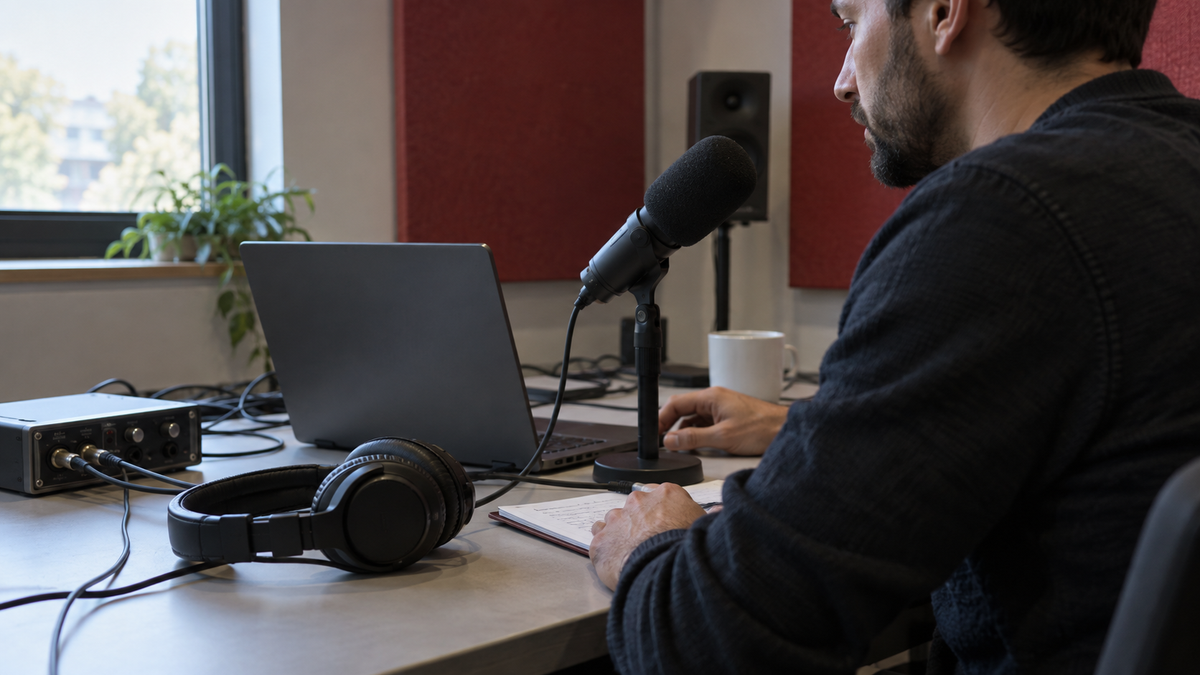 Synthetic representative editorial scene of a speech engineer testing an unbranded microphone and headset; not a photograph of Microsoft or its launch.