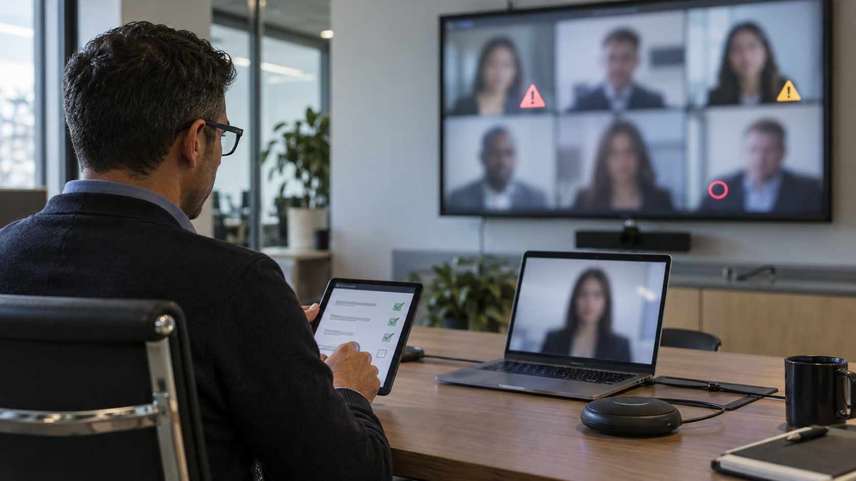 Synthetic representative editorial scene of an unbranded meeting-room review desk with blurred video-call participants and detection warnings; not Microsoft Teams UI or an actual meeting.
