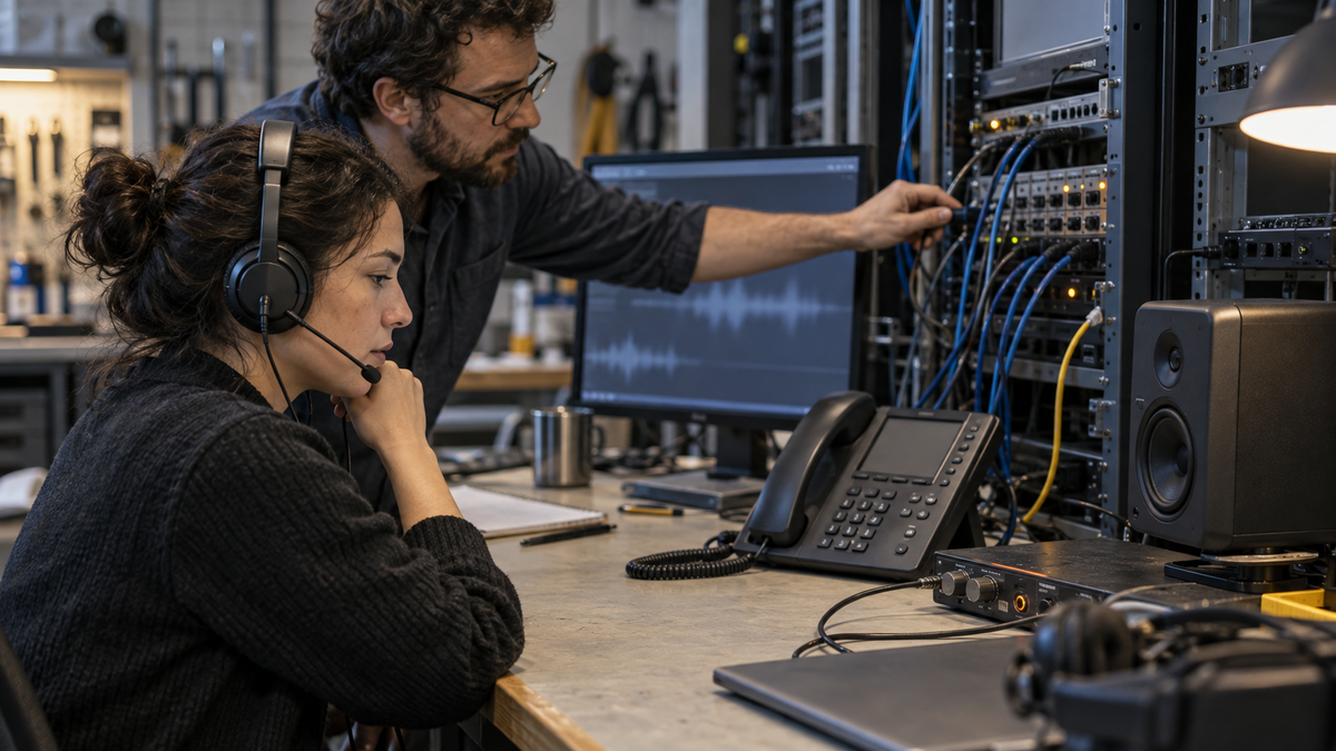 Synthetic editorial image of an unbranded telecom integration lab testing a desk phone, headset, audio interface, patch panel and blurred waveform monitor without logos, readable labels, phone numbers or customer data.