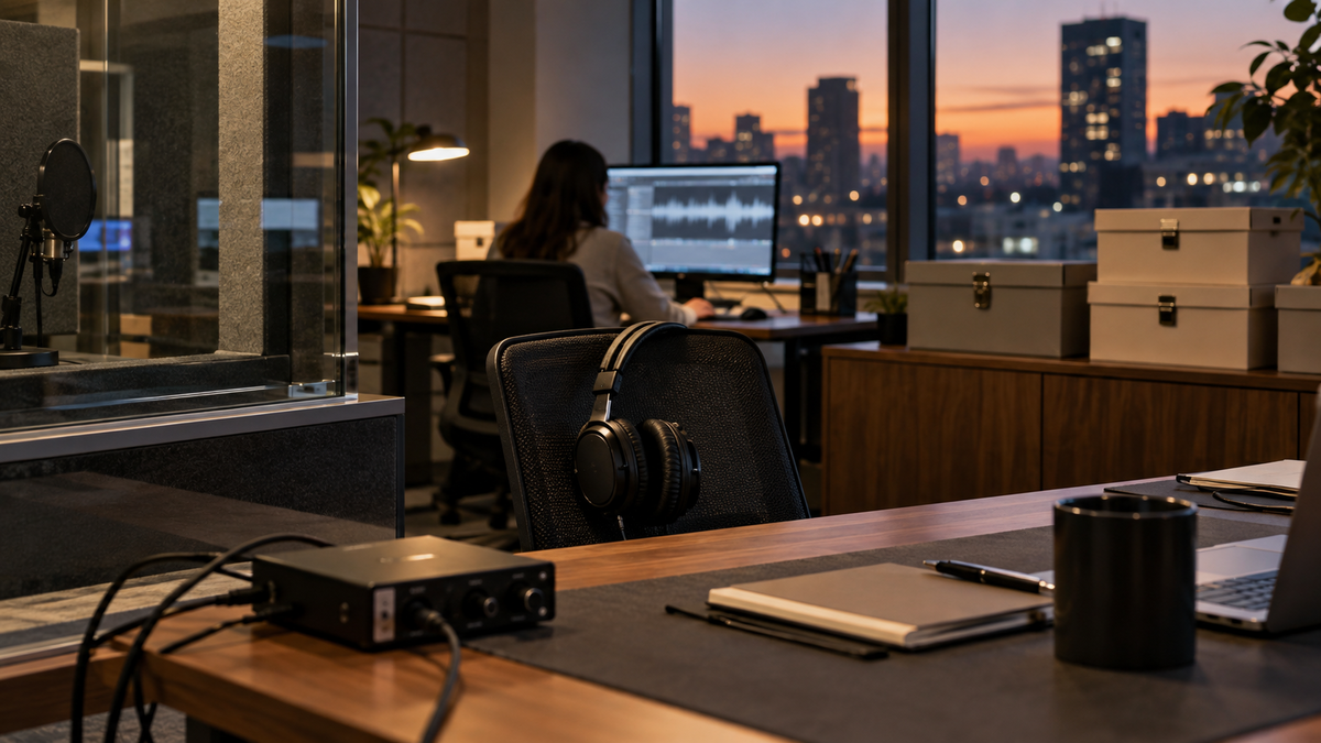 Synthetic representative editorial scene of an unbranded audio-compliance office with a headset, recording booth and locked archive boxes; not Pegasystems, U.S. Bank, a court or an actual call.