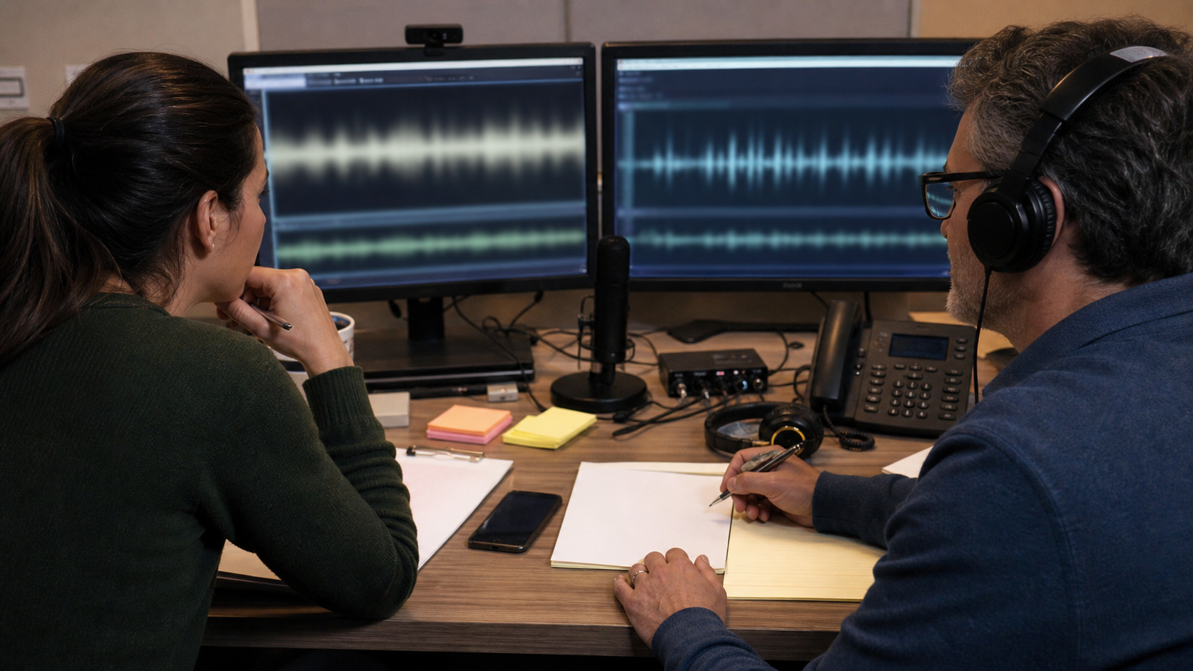 Synthetic editorial image of a voice AI consent review studio with microphones, headset, waveform monitors, desk phone, and blank audit paperwork.