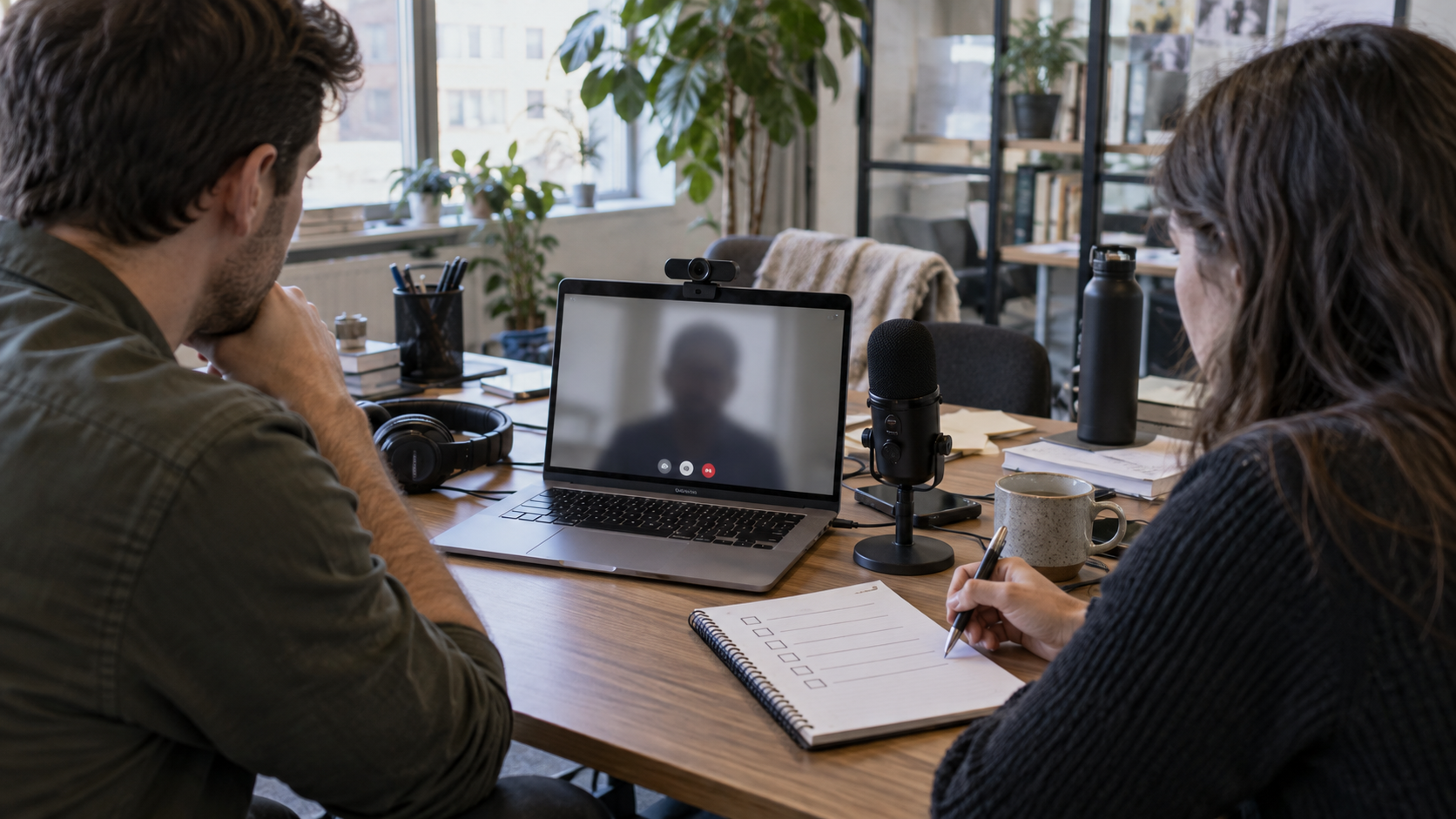 Synthetic editorial image of an unbranded voice AI review desk with a blurred video-call silhouette, webcam, studio microphone, headphones and blank consent checklist with no logos, readable data or real performer likeness.