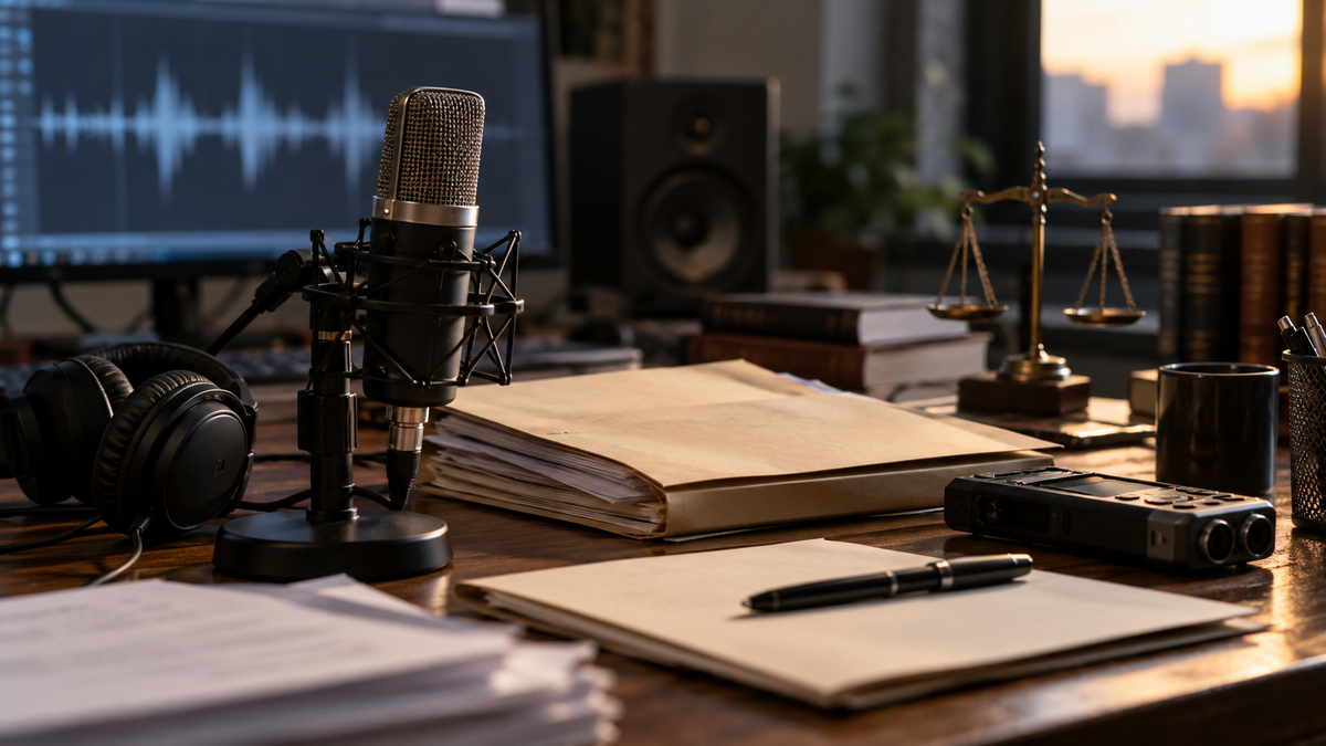 Synthetic representative editorial scene of an unbranded audio and legal review desk; not Kenjiro Tsuda, TikTok, a Tokyo court or an actual case file.