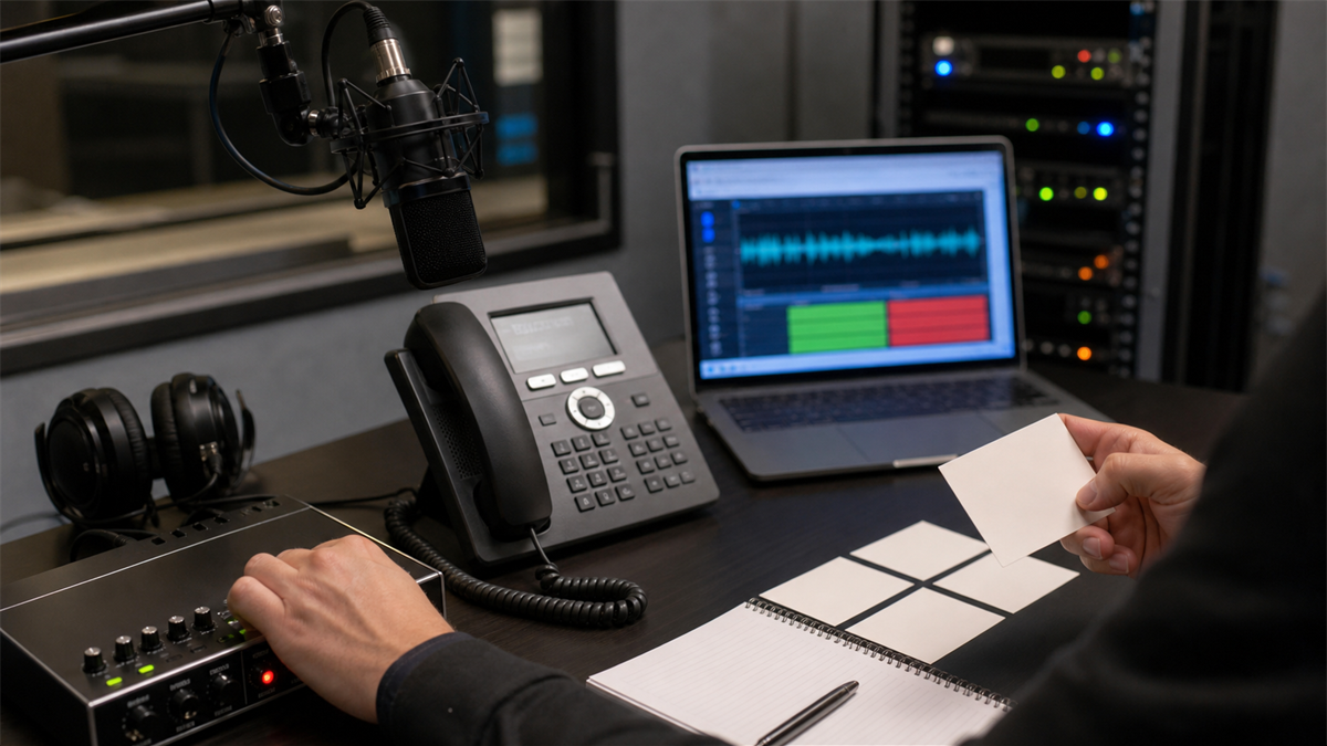 Synthetic editorial image of a voice AI simulation lab with microphone, headphones, desk phone, waveform screen, server rack, and blank call-test cards.