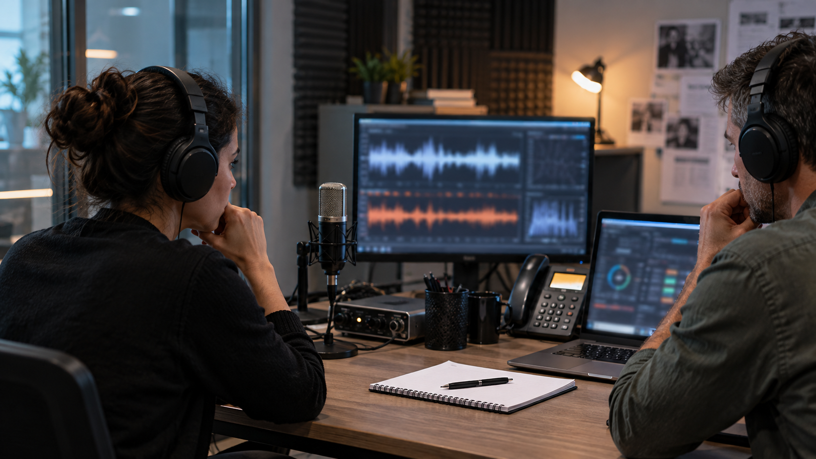 Synthetic editorial image of an unbranded voice security lab reviewing blurred waveforms and vishing detection evidence with microphone, headset, desk phone, laptop and blank paperwork without logos or readable data.
