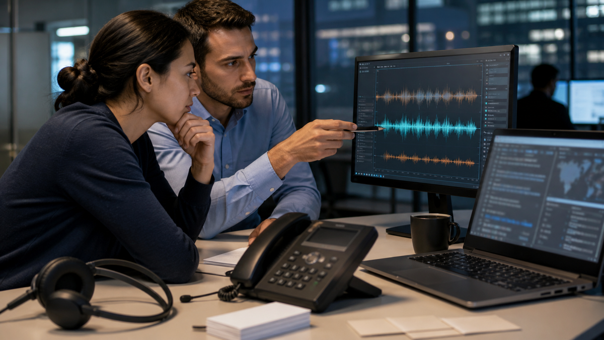 Synthetic editorial image of financial operations security analysts reviewing unbranded desk phone, headset, microphone waveform, blurred security panes, and blank approval cards.