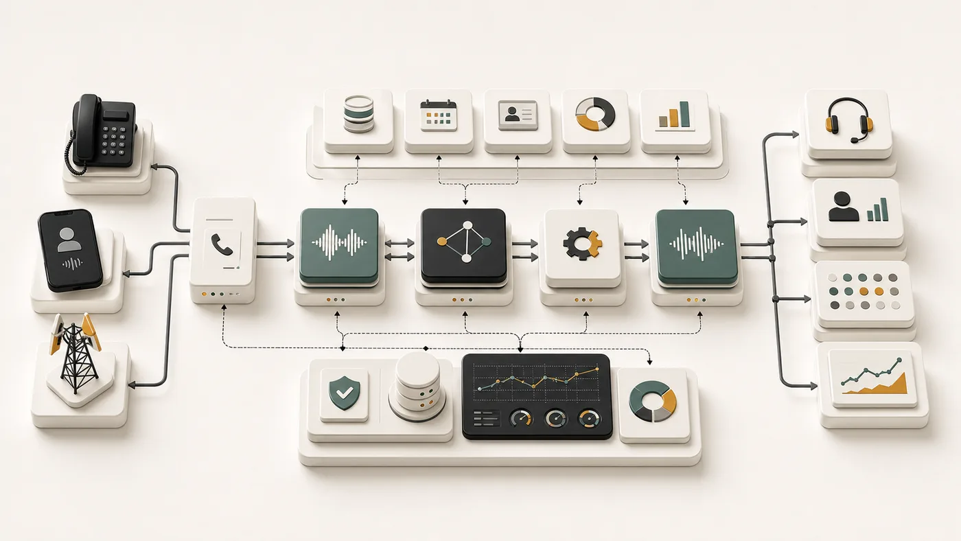 Isometric AI voice agent architecture stack showing phone networks, speech models, tools, analytics, and handoff paths.