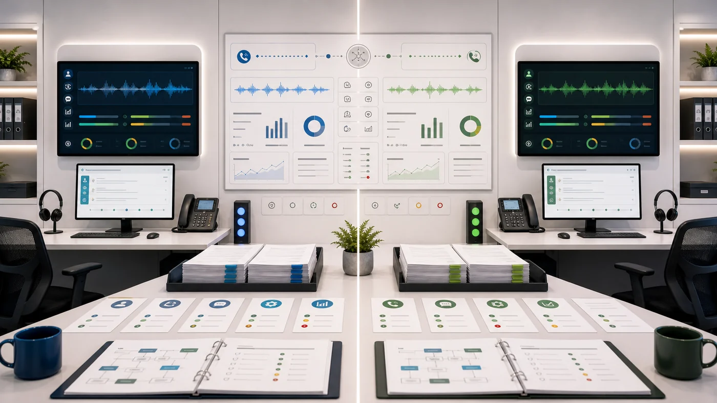 AI receptionist and human-backed answering comparison board with lead intake, appointment, CRM handoff, and staff note lanes.