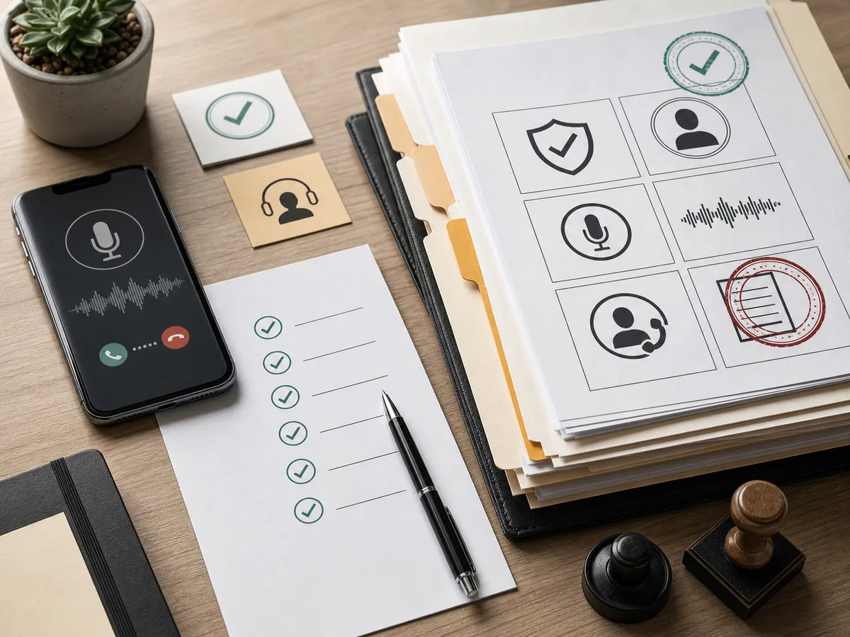 Compliance checklist visual with call-routing cards, consent indicators, and audit charts for AI phone agents.