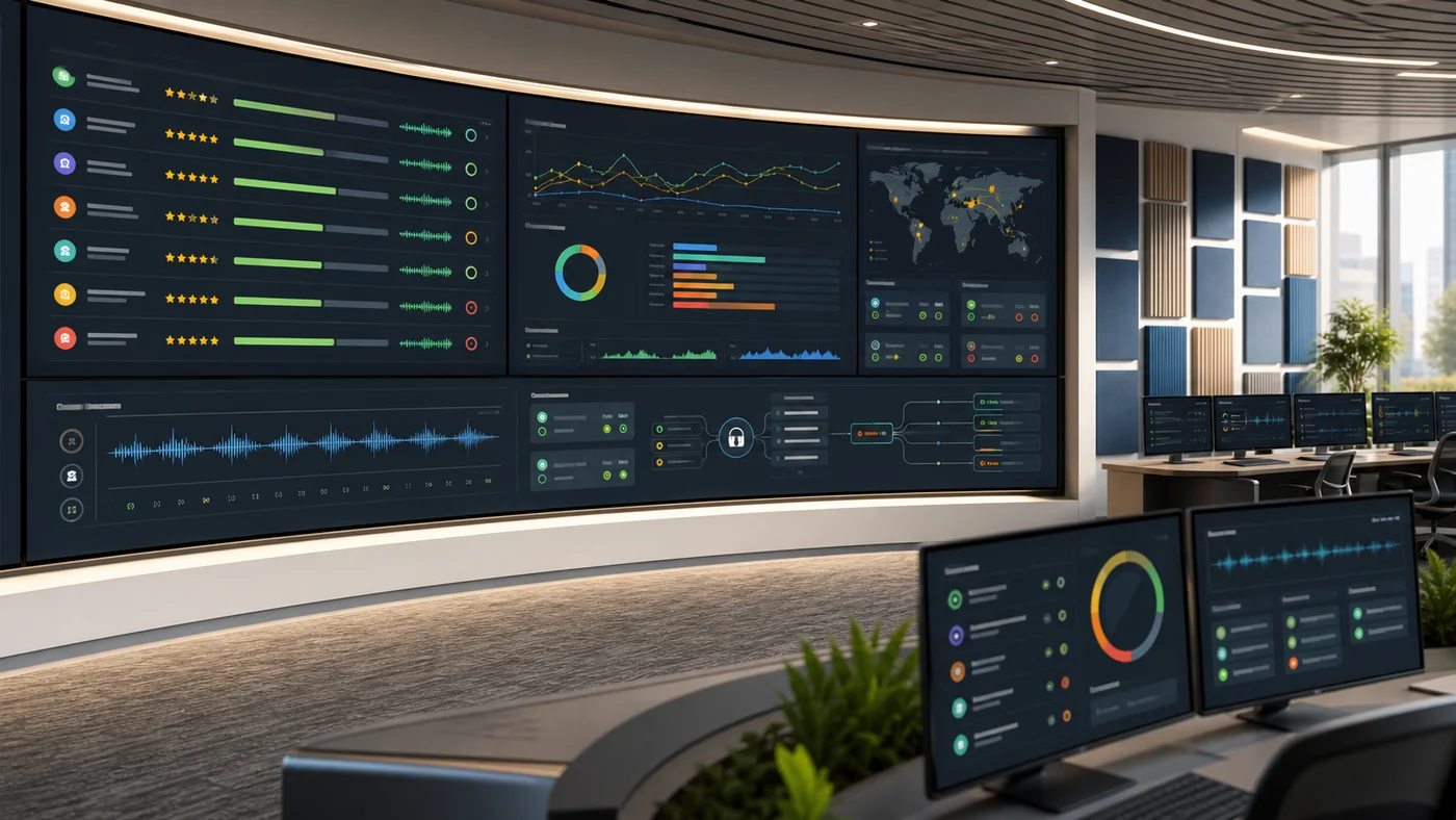 AI voice agent benchmark command center with vendor rows, scorecard columns, evidence packets, and call-test status markers.