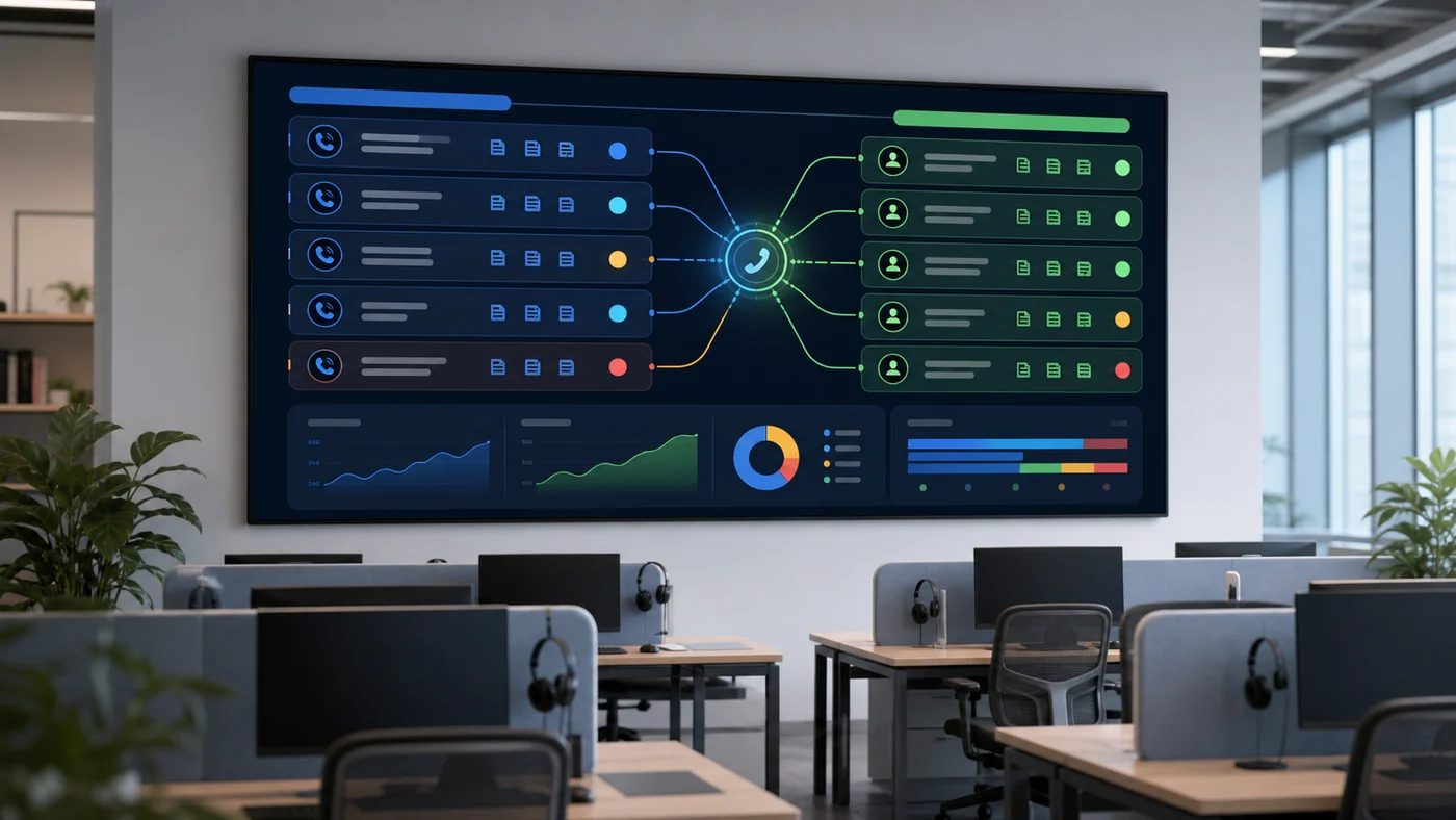 AI voice agent handoff benchmark board with caller cards moving from automated triage to live support, callback, and QA lanes.