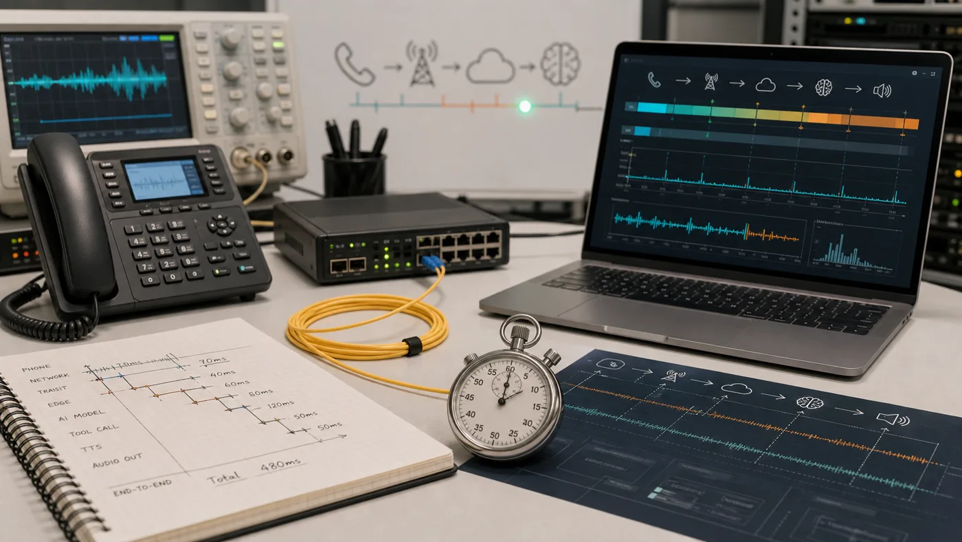 Voice agent latency timing bench with desk phone, stopwatch, network cable, waveform display, and response timing cards.