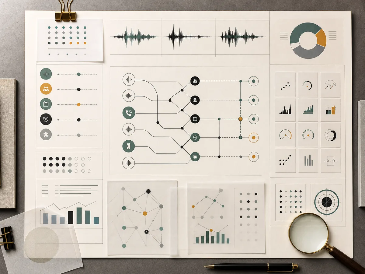 Analyst board showing abstract voice waveform segments, call routing paths, scorecards, and evaluation charts.