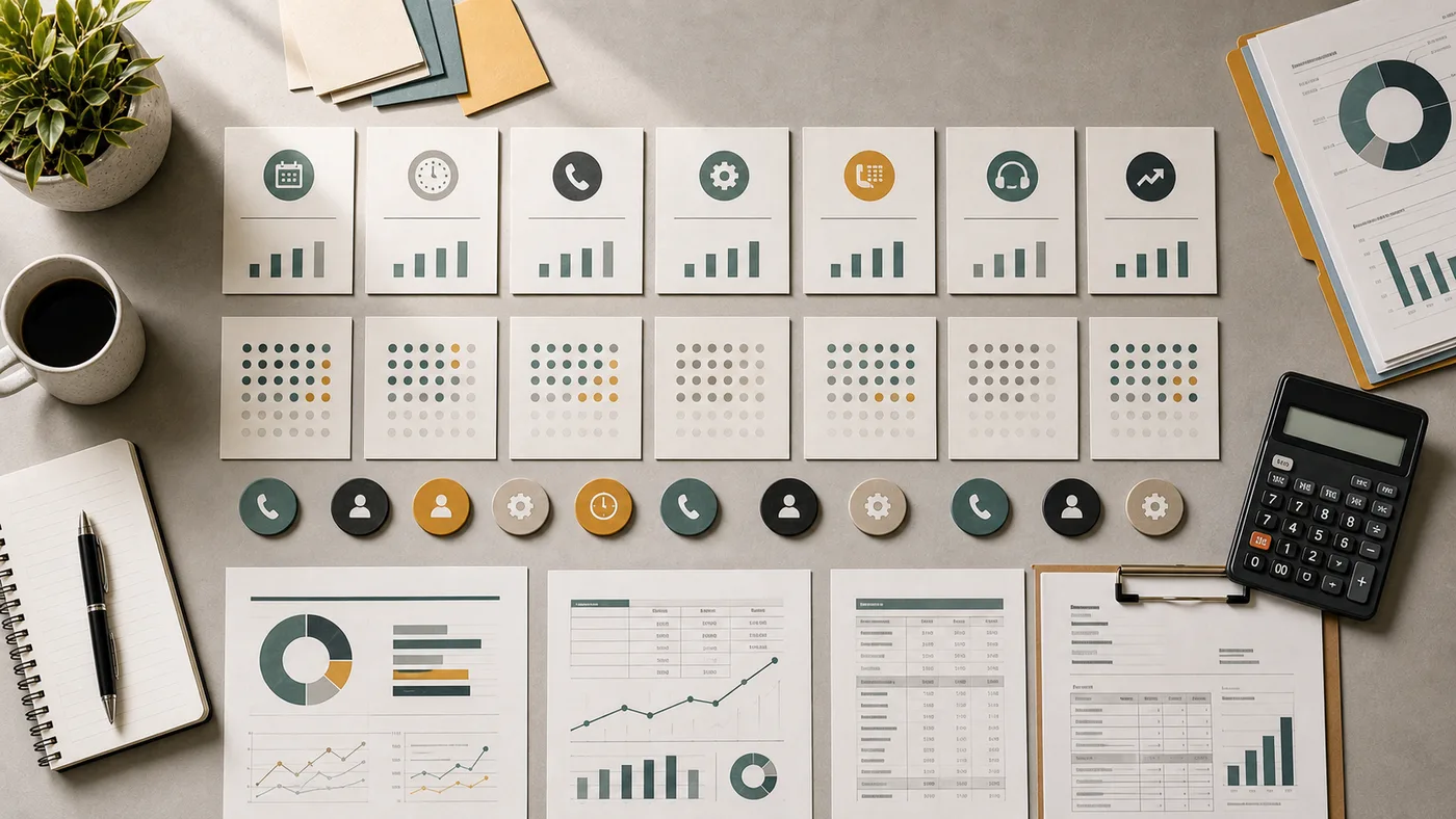 AI receptionist pricing research desk with cost cards, usage charts, calculator, and phone billing documents.